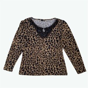 East 5th Petite Beaded Neck Leopard Print Long Sleeve Knit Sweater ~ Women's PL